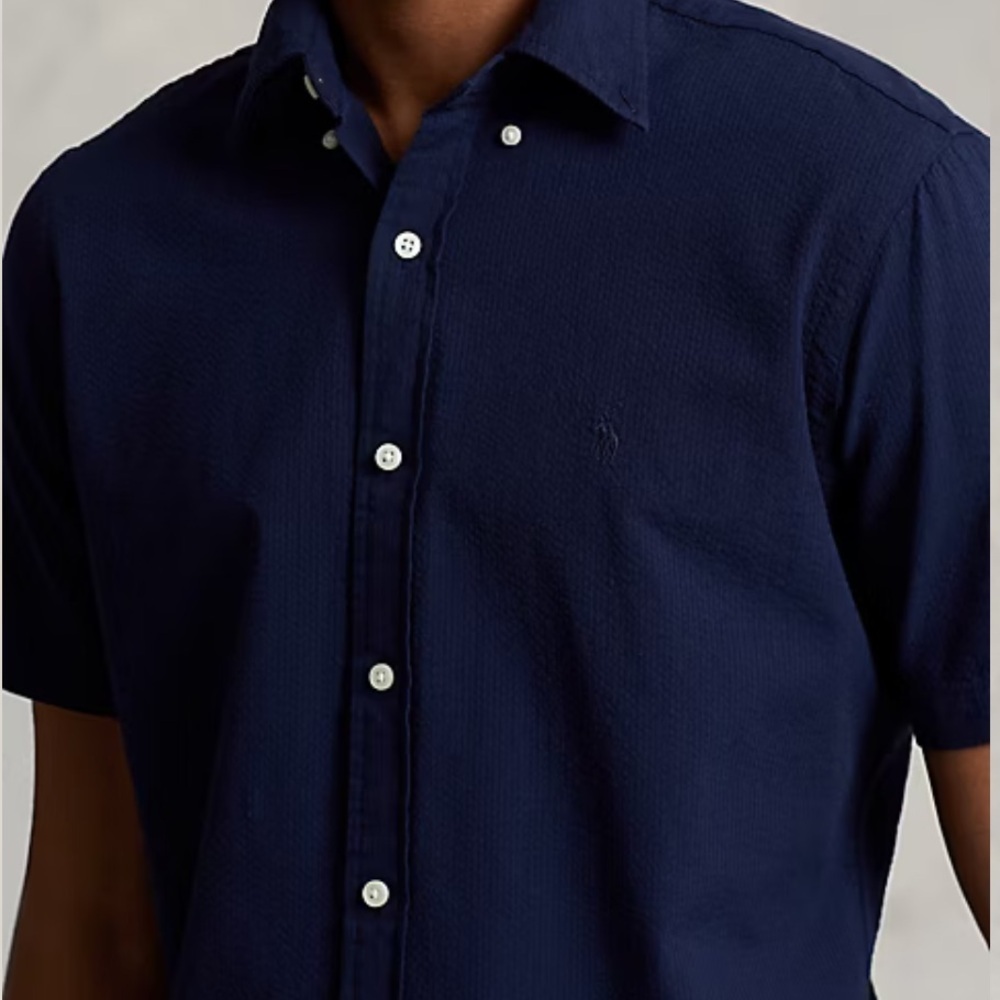 Polo Ralph Lauren Men's Navy Blue RL Prepster Classic Fit Seersucker Shirt LARGE - Picture 2 of 12
